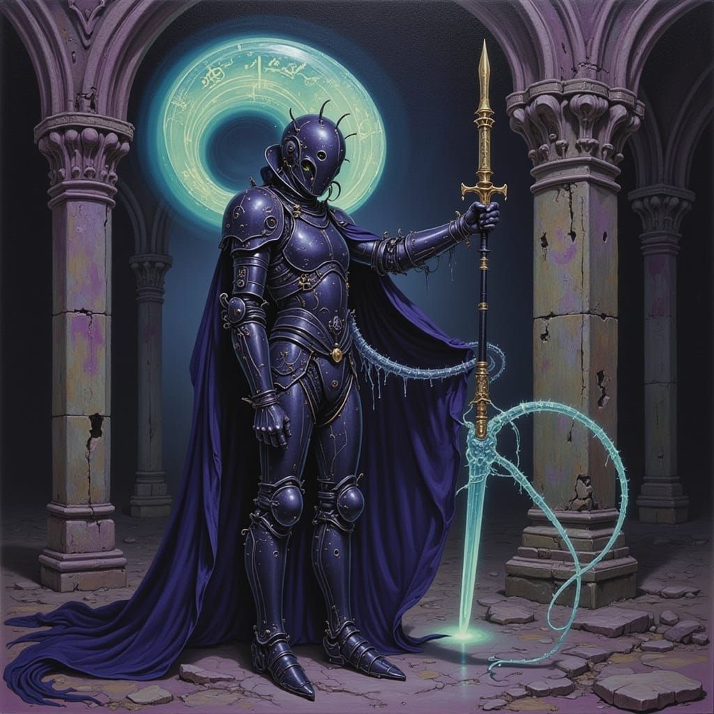 Spectral Knight Before Gothic Cathedral Oil Painting