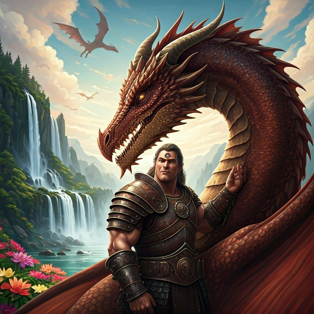 Cyclops King Petting Dragon in Fantasy Landscape