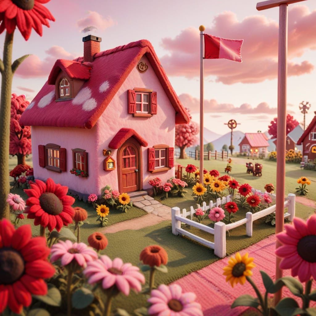 Whimsical Pink Cottage with Red Accents and Sunflowers