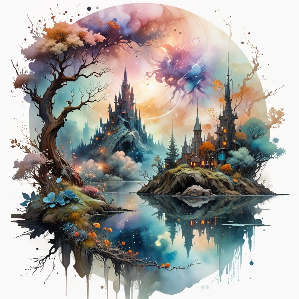 Whimsical Watercolor Cosmos in Dreamlike Realism