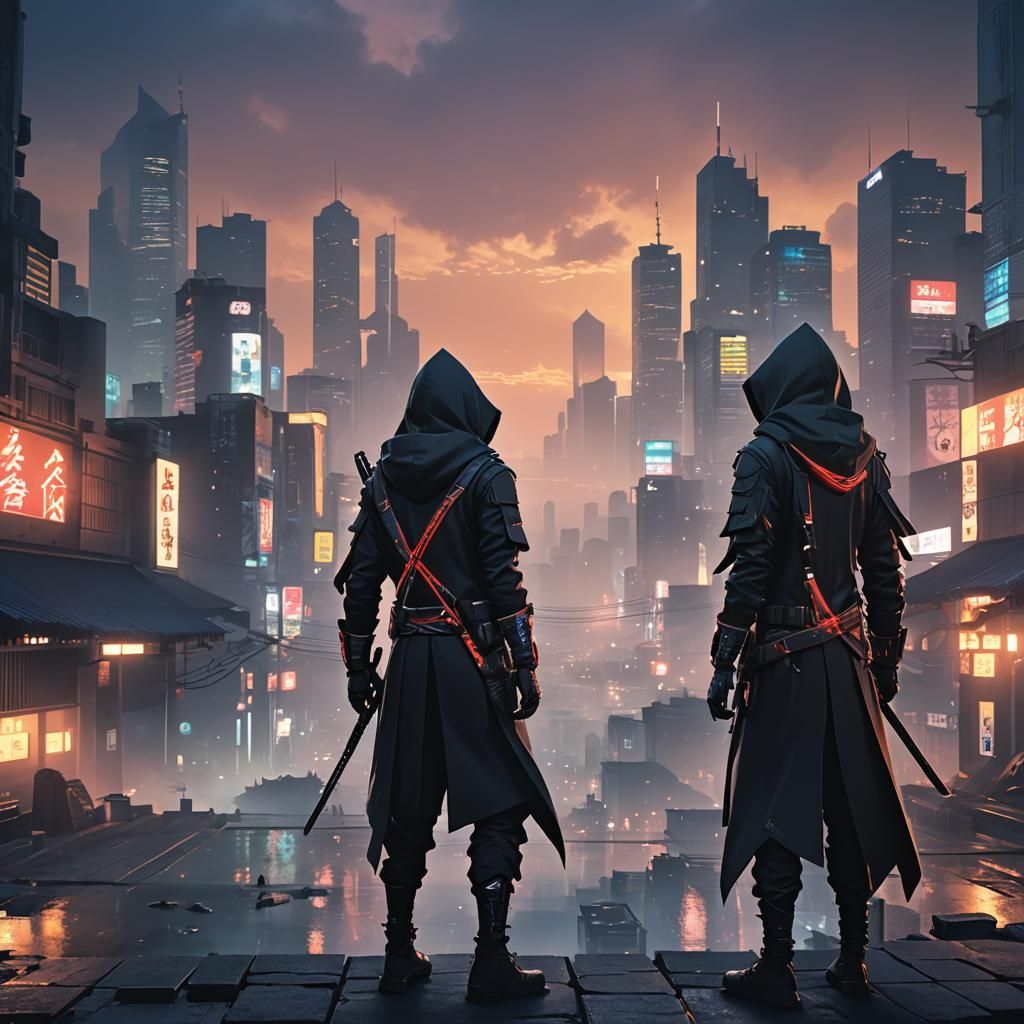 Anime Assassins in Misty Cyberpunk Cityscape