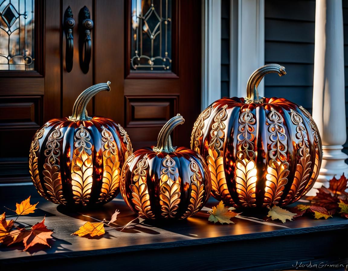 Ornate Glass Pumpkins on Autumn Porch