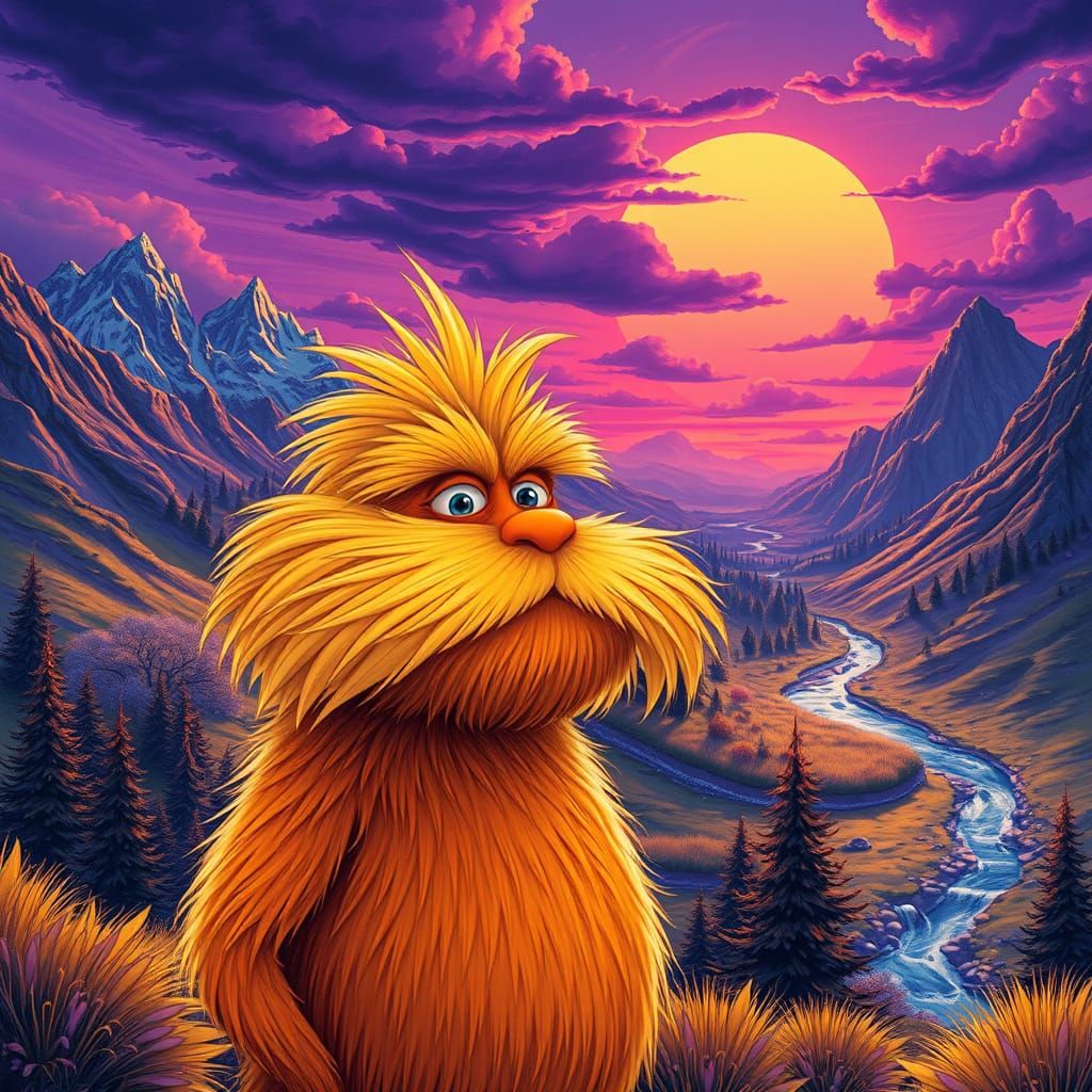 The Lorax in a Breathtaking Purple Sunset Landscape