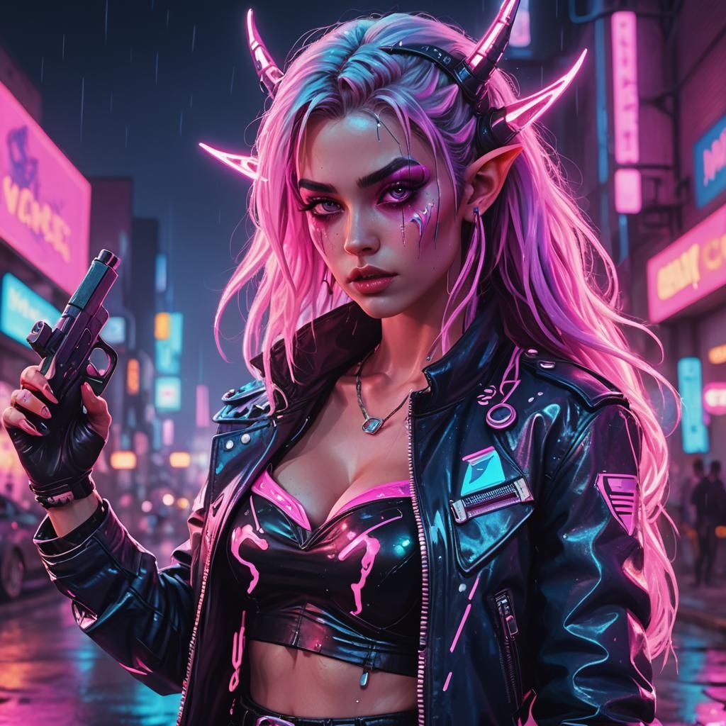 a wanted poster of a glamorous alien elf pointing a gun and shooting heart shapes synthwave neon retro cyberpunk
