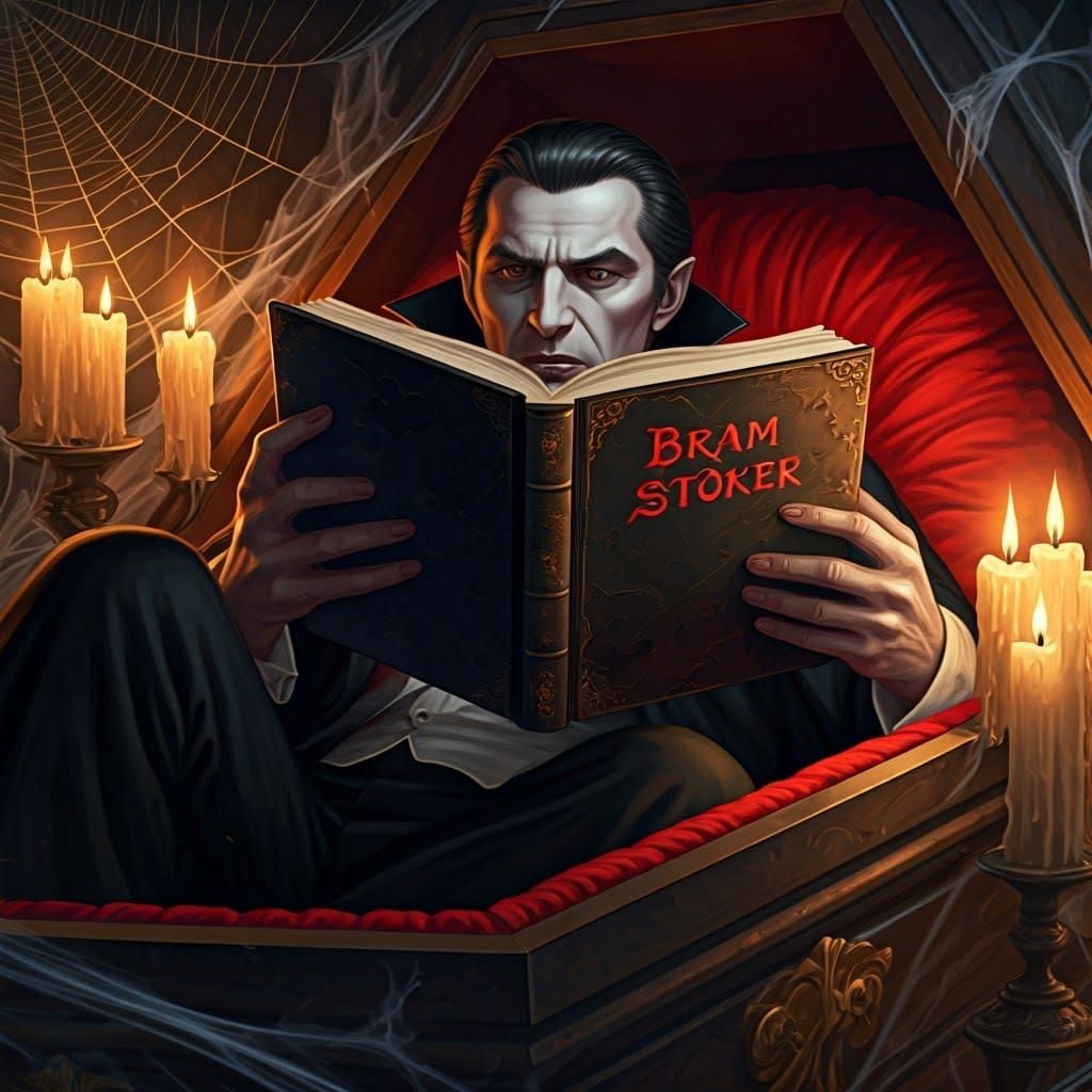 Count Dracula Reading in Coffin: Gothic Illustration