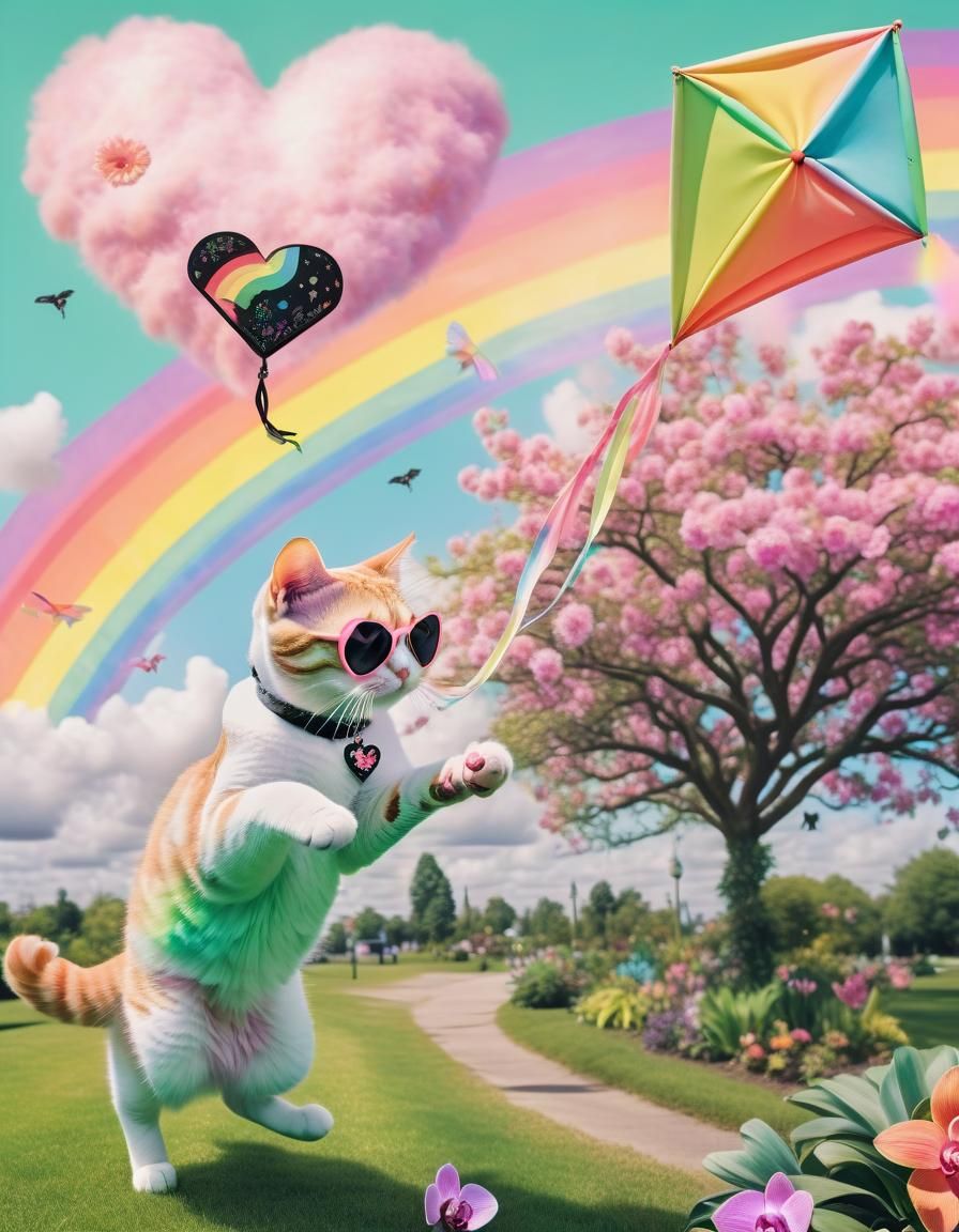 Smiling Cat Flies Kite in Pastel Rainbow Sky