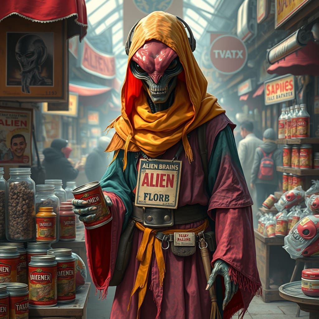 Alien Vendor in Bustling Biomechanical Marketplace