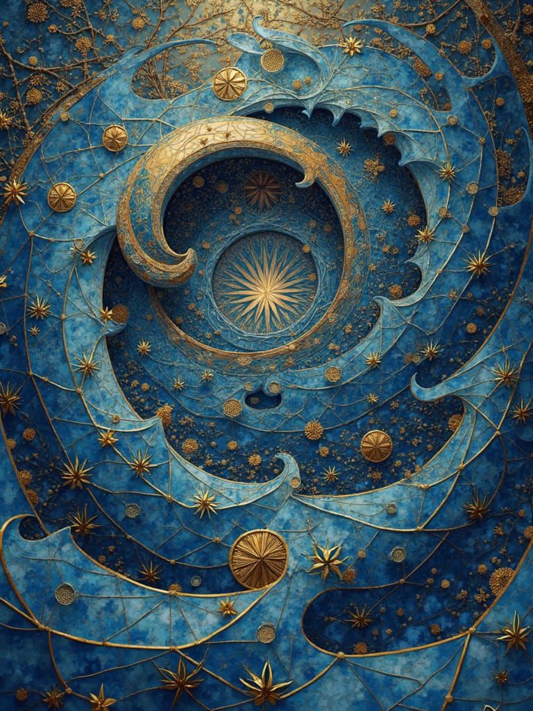 Surreal Blue and Gold Mathematical Illustration