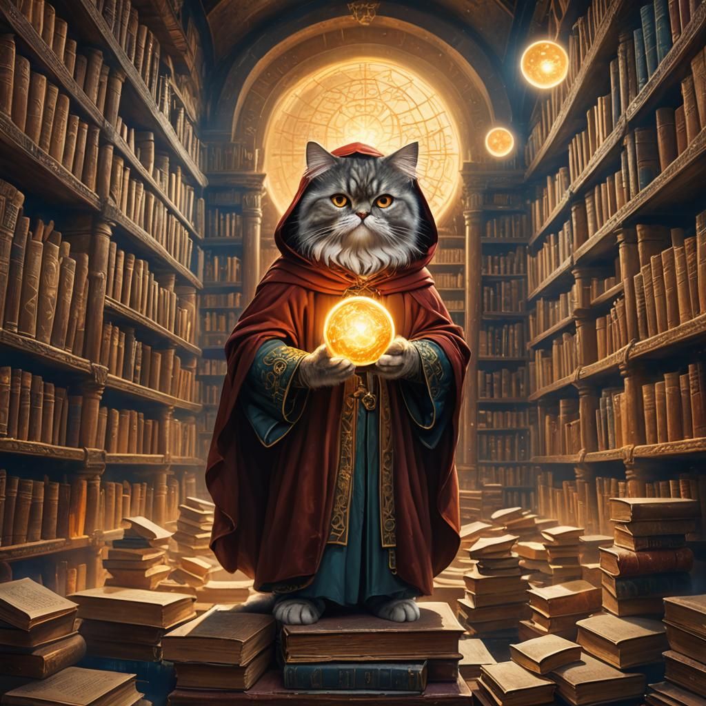 Persian Cat Humanoid in Mystical Library