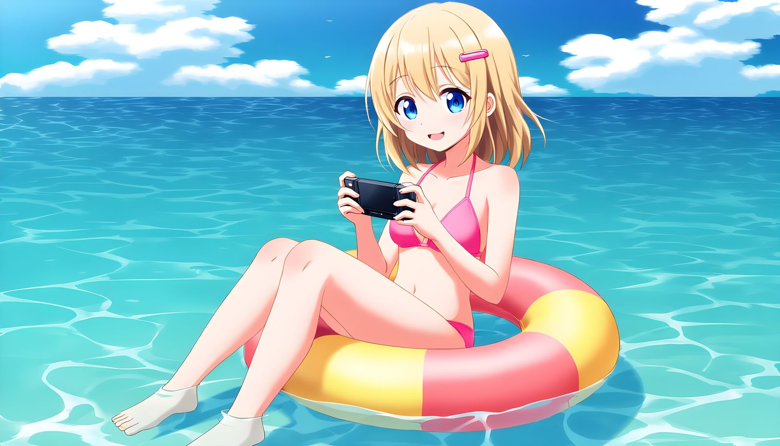 Anime Girl Plays Handheld Console at Sea