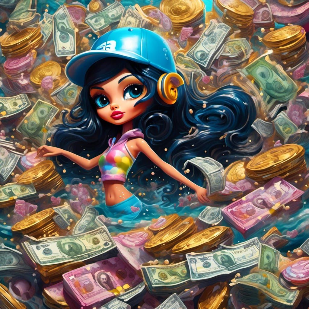 Bratz Doll Swimming in Money as Graffiti Art