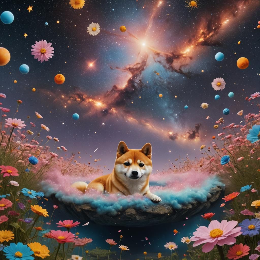 Shiba Inu Floats Through Dreamscape Cosmos