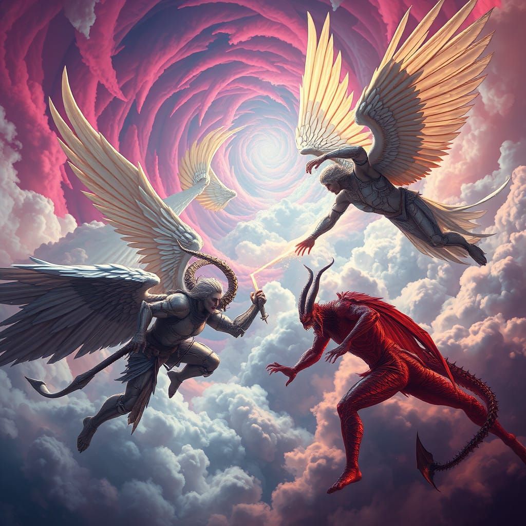 Angels and Demons Clash in a Mid-Shot, Concept Art Style Bat...