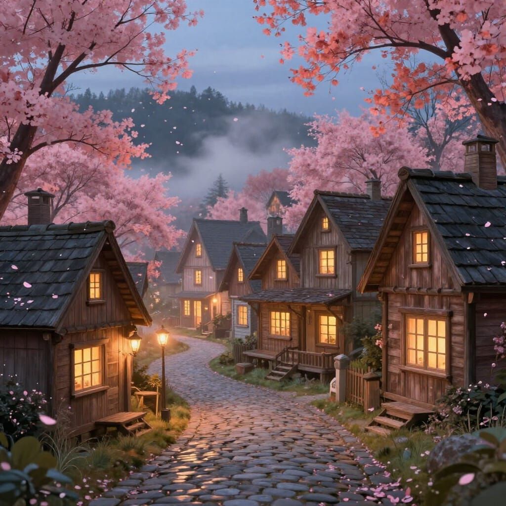 Dreamy Storybook Village at Dusk, Painterly Digital Art