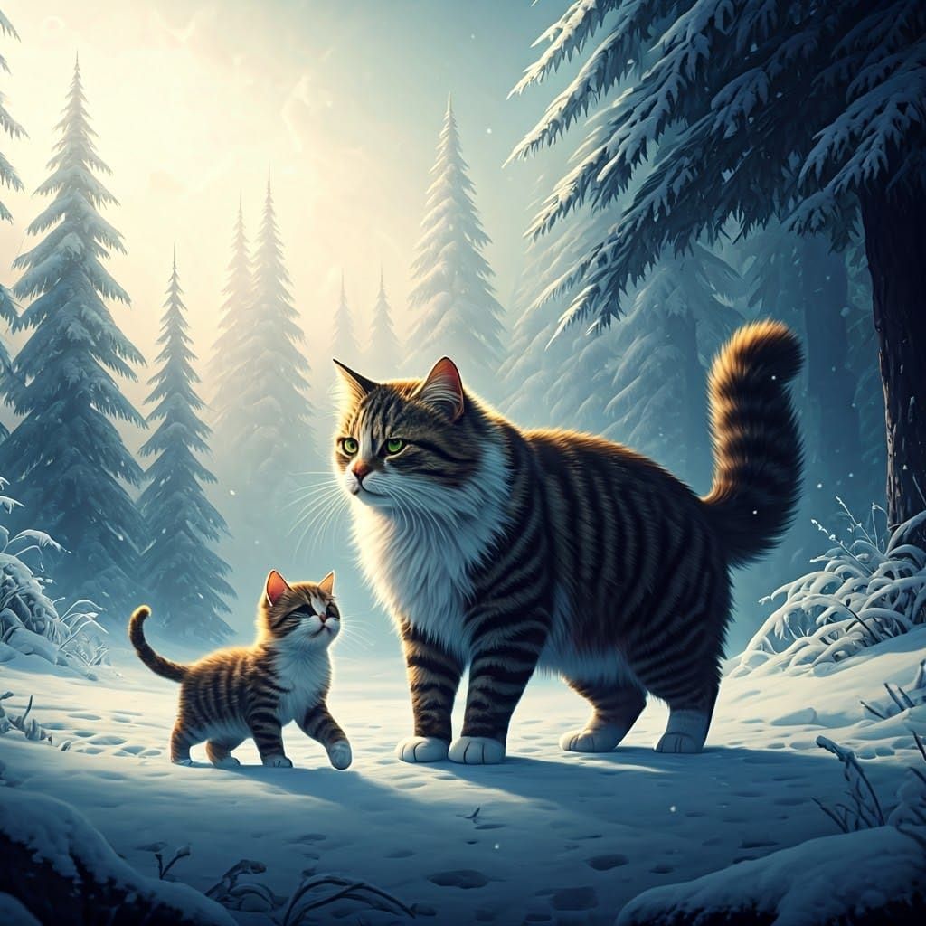 Mother Cat and Kitten in Snowy Forest