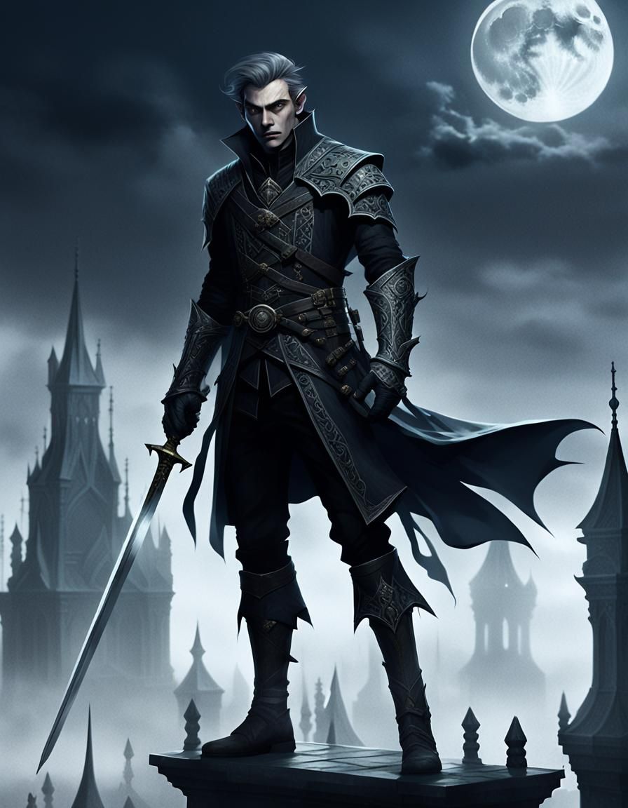 Ethereal Victorian Era Elf Swordsman in Cinematic Dark Fanta...