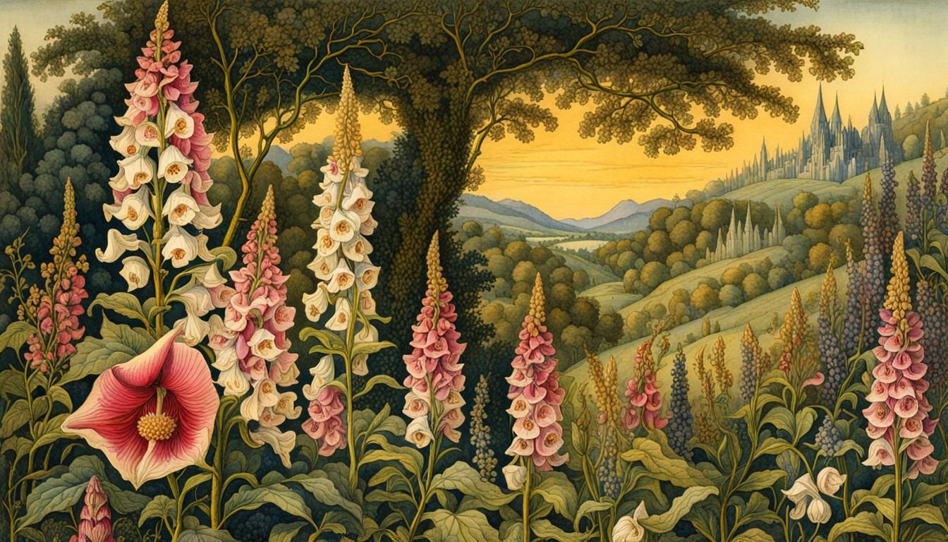 Foxglove Botanical Watercolor with Gold Border