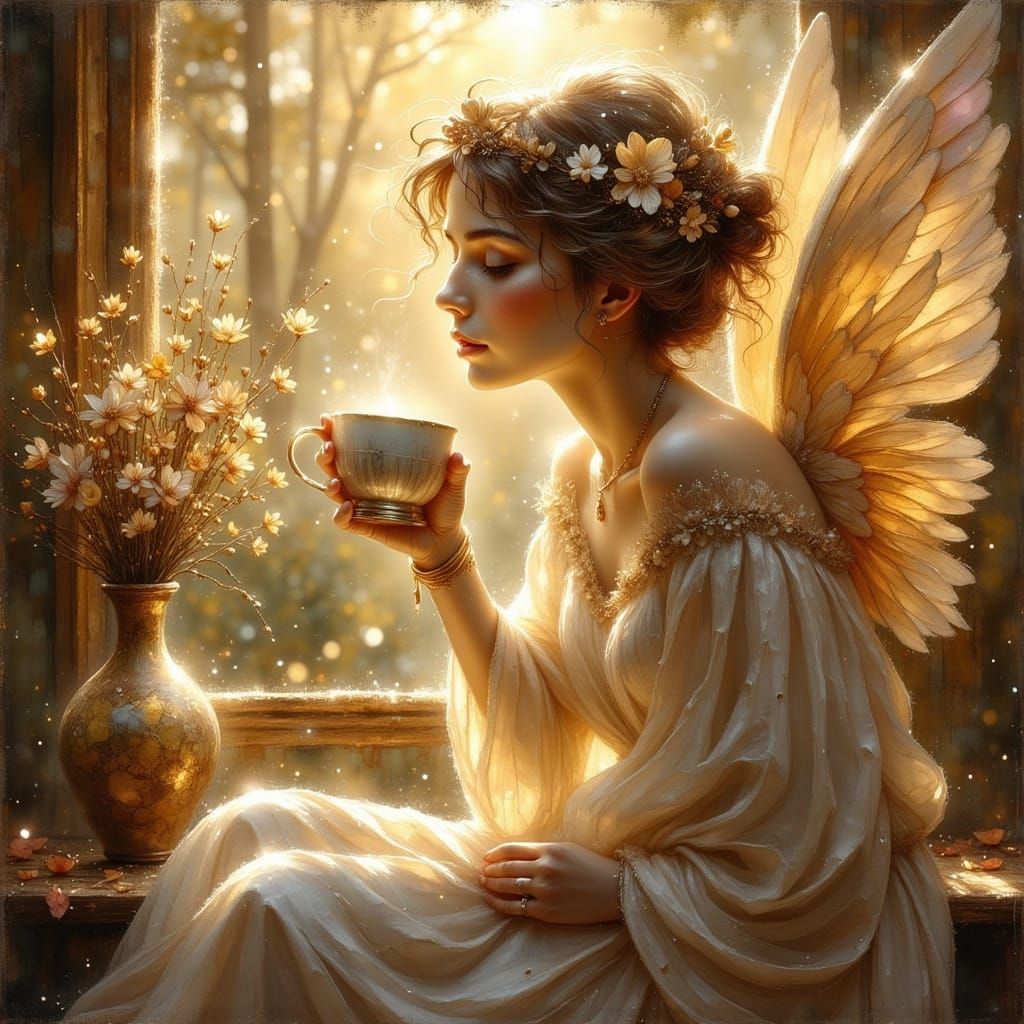 Beautiful Angel Enjoying Morning Coffee