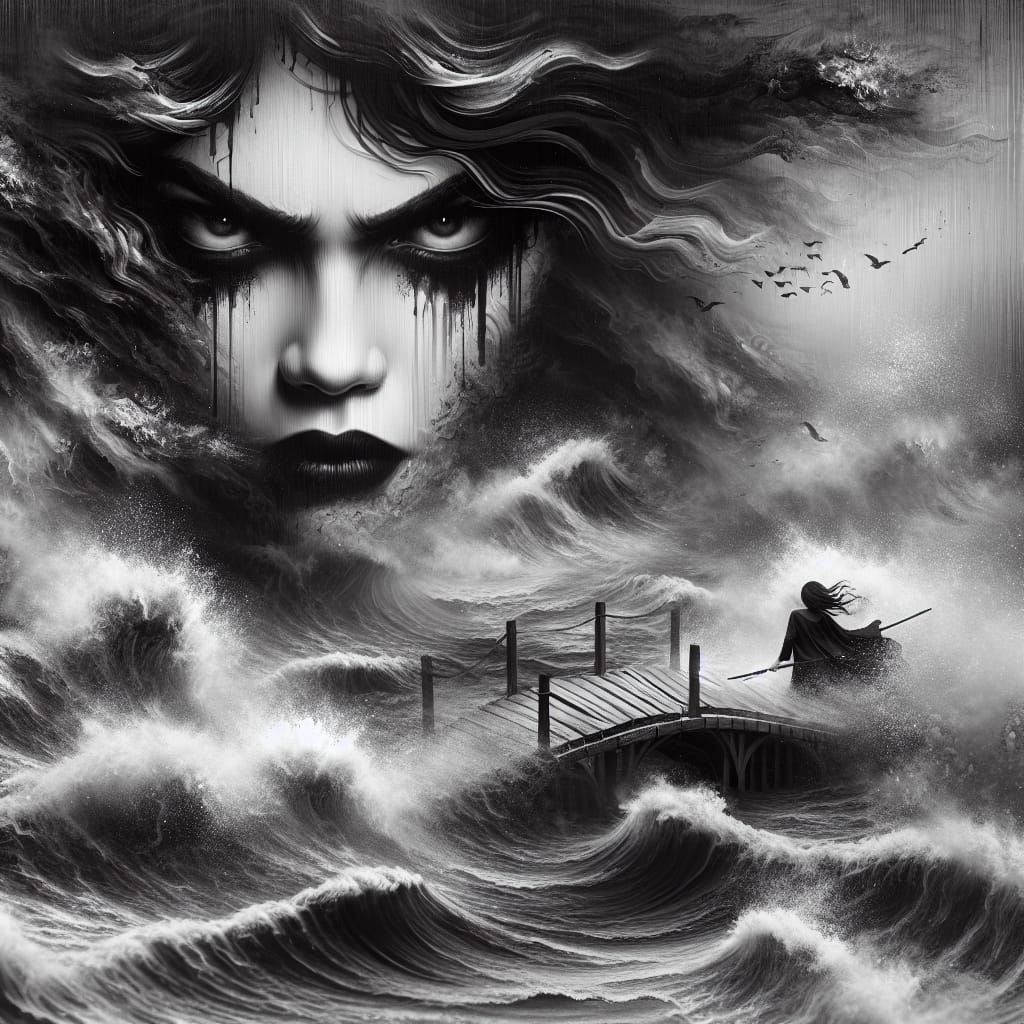 Monochrome Portrait: Woman in Water with Sunken Bridge