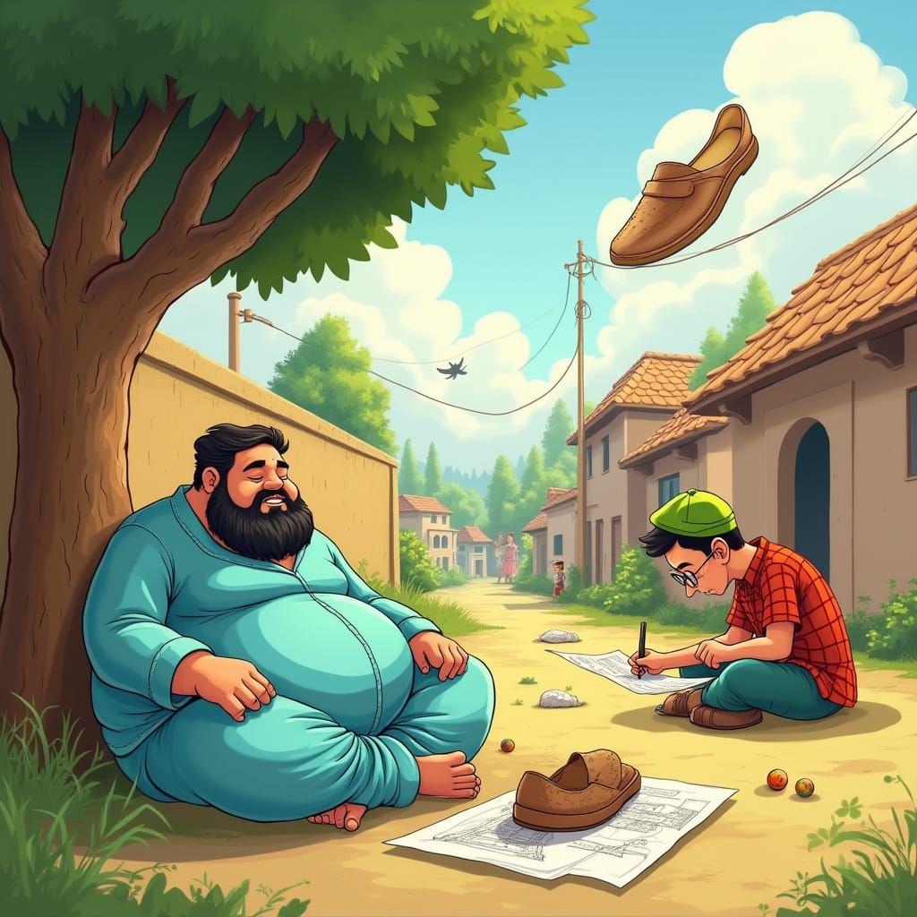 Cartoon South Asian Neighborhood Scene in Comic Art Style