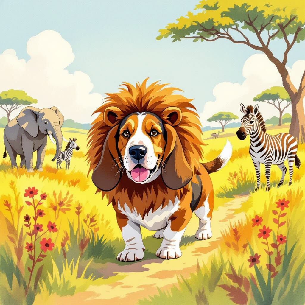 Basset Hound in Lion Costume on Savanna