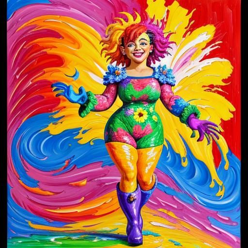 Happy Flower-Monster in Boots: Impasto Oil Painting