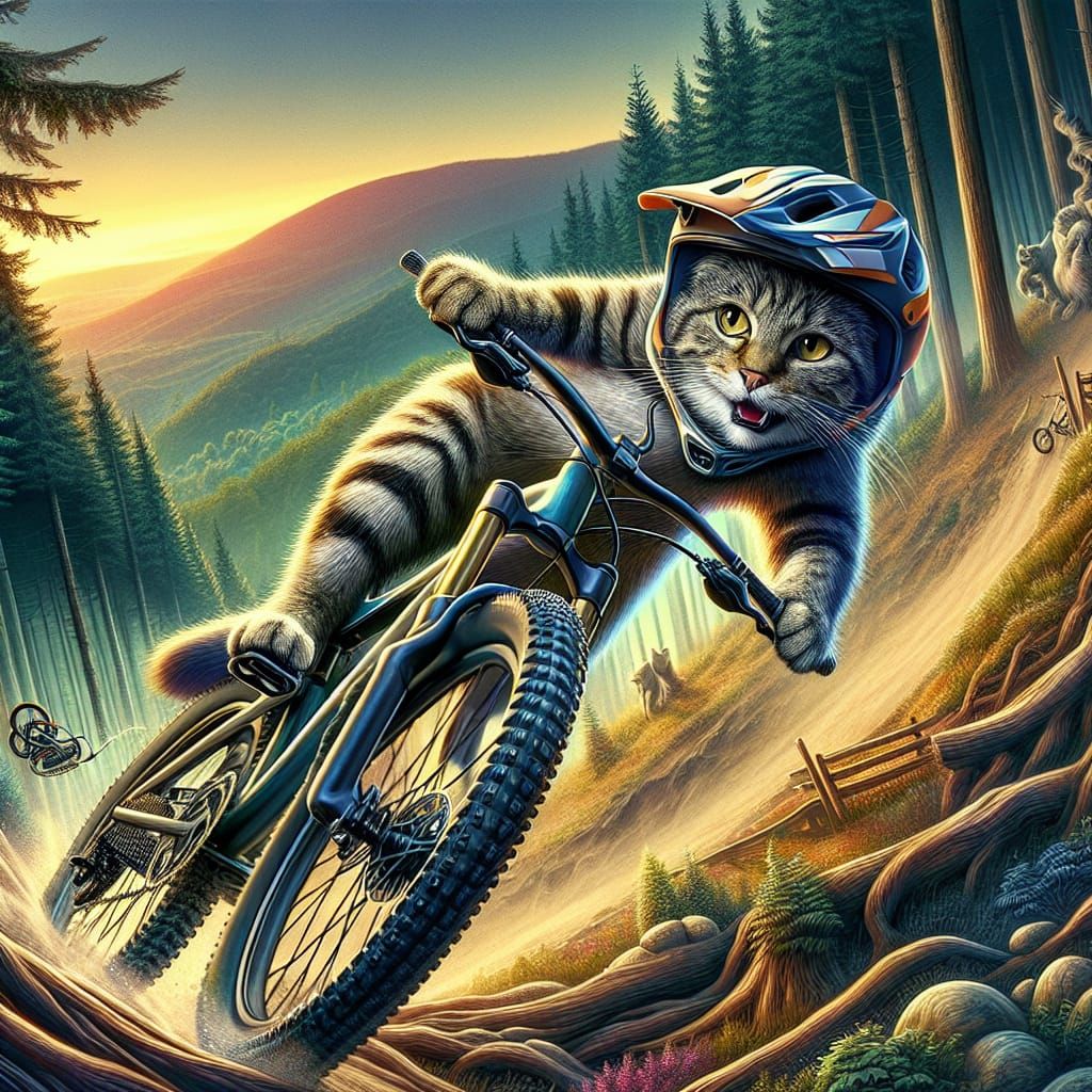 Adventurous Cat Mountain Biking in Matte Painting Style