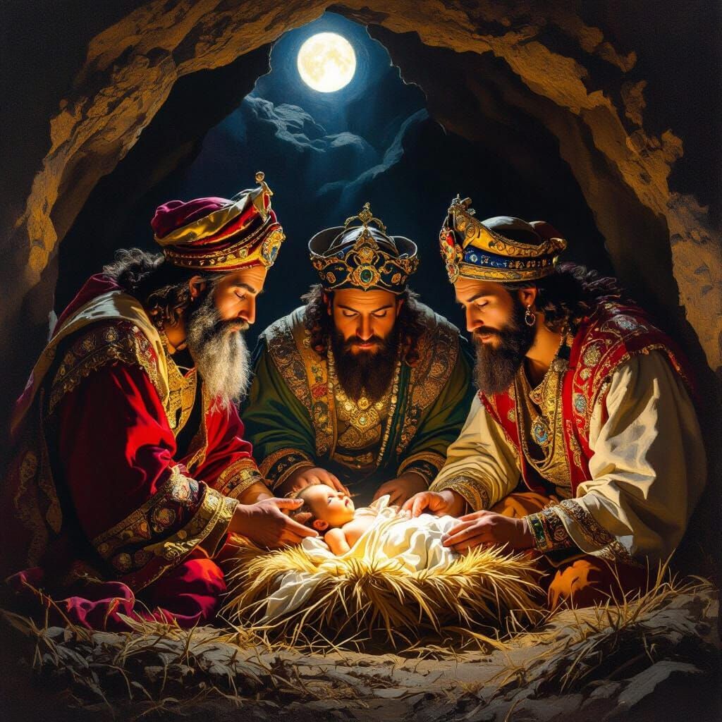 Magi Adore Baby Jesus in Grotto, Baroque Style