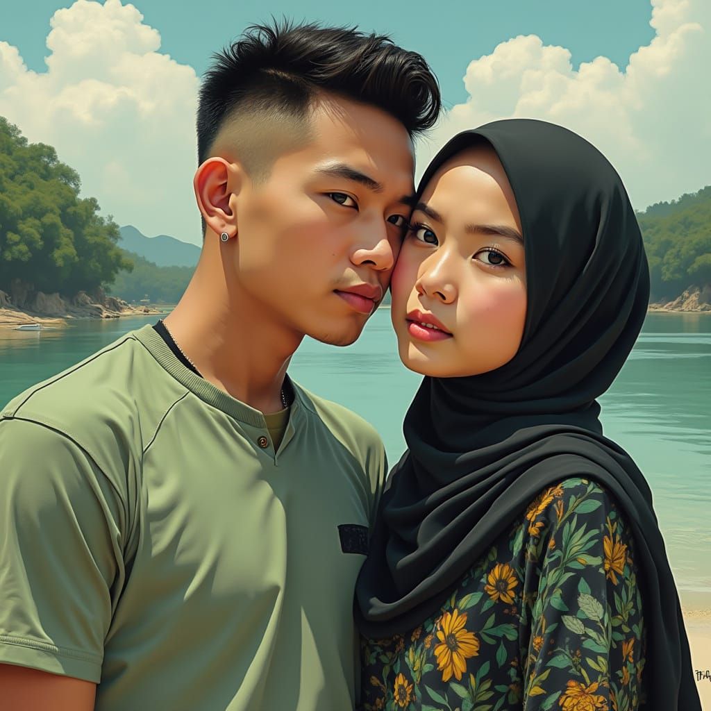 Indonesian Couple Embrace by Cirata Lake