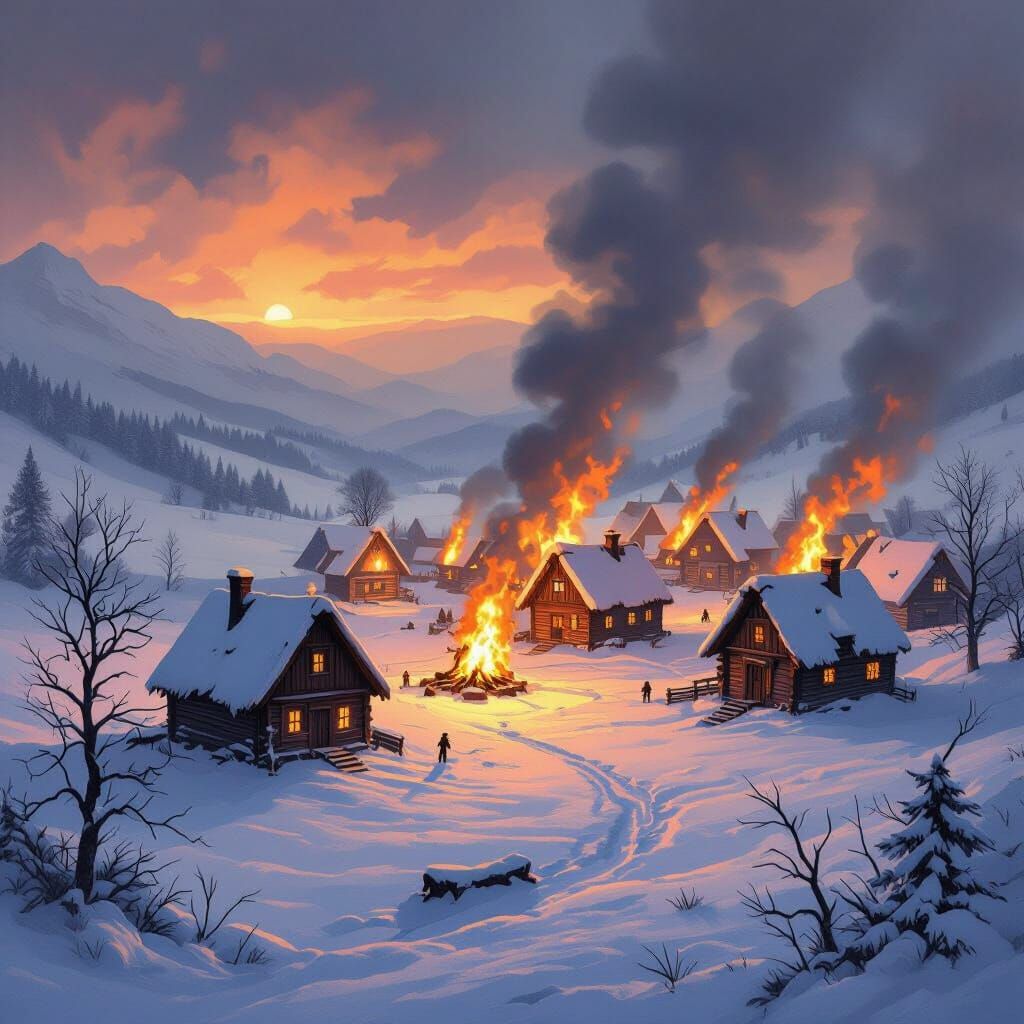 Medieval Village Ablaze in Winter Snowfield