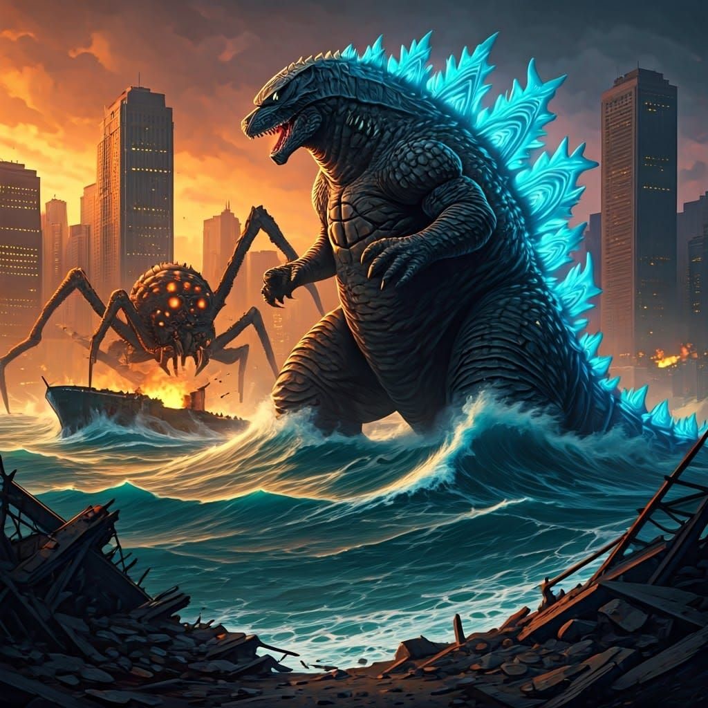 Godzilla vs Arachnoid: Epic Battle in Metropolis