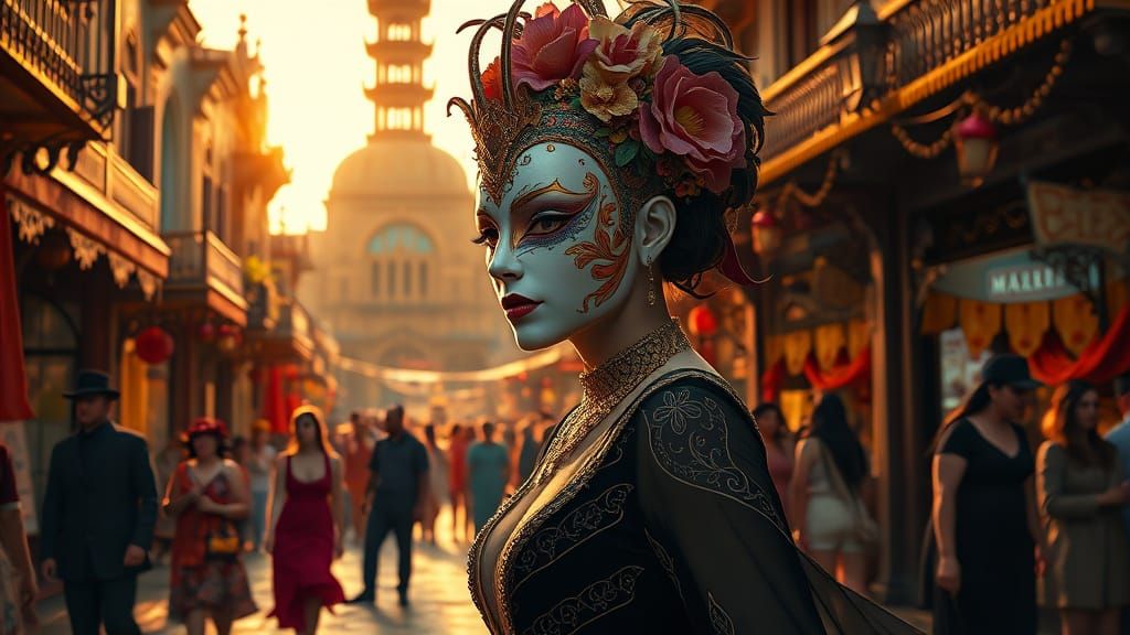 Masked Woman in Vibrant Art Nouveau Festival