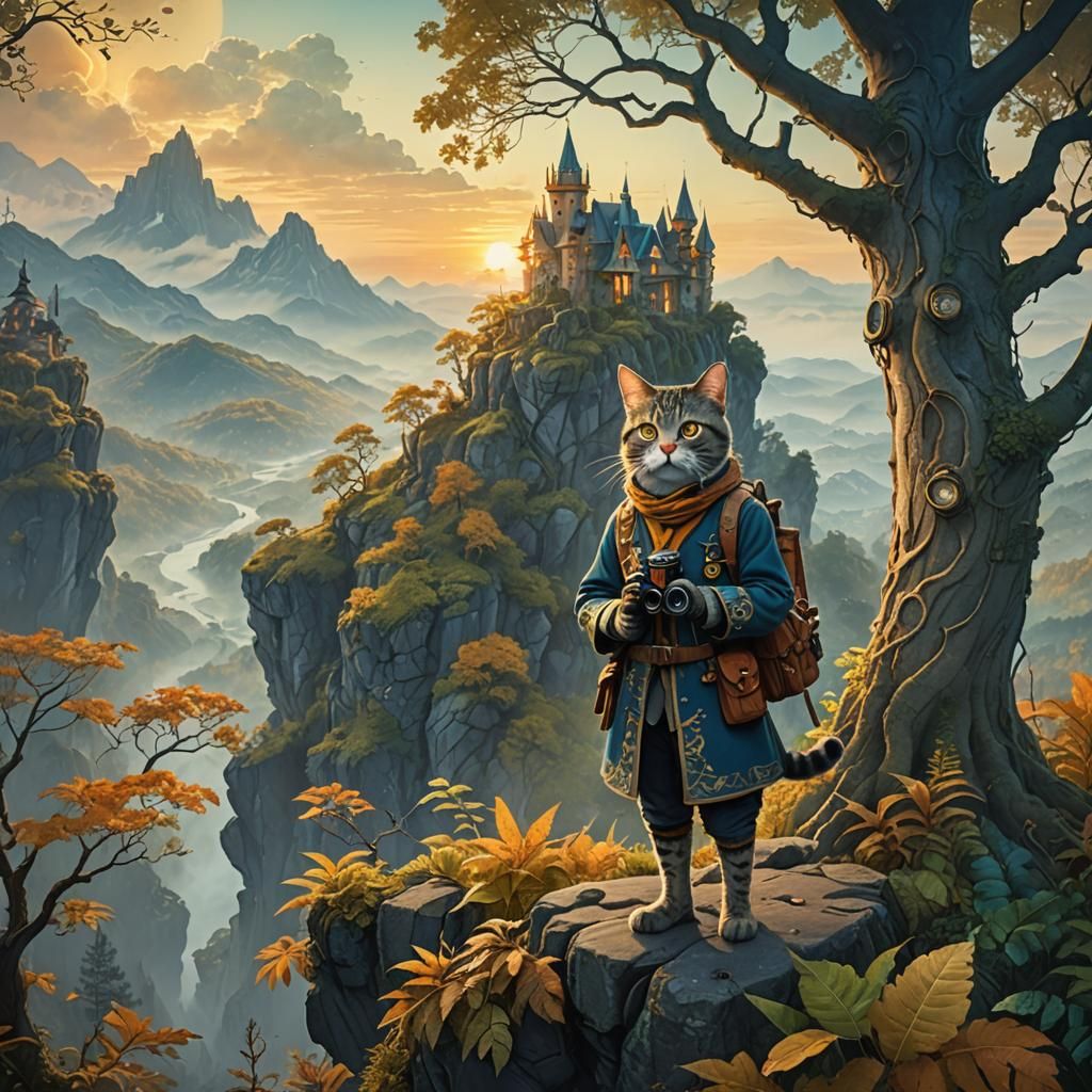 Adventurous Cat on Misty Cliff: Fantasy Matte Painting