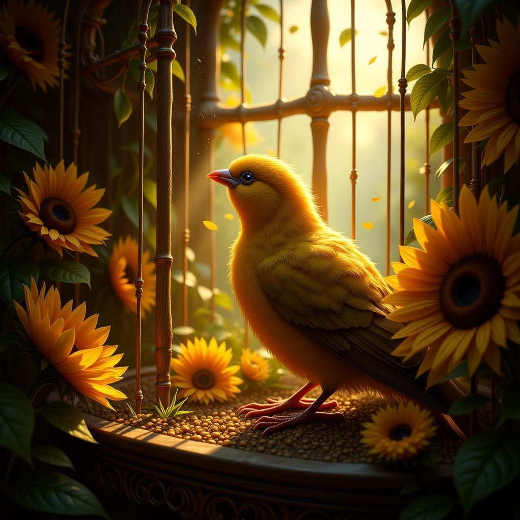 Hopeful Canary in Antique Cage Gazes at Light