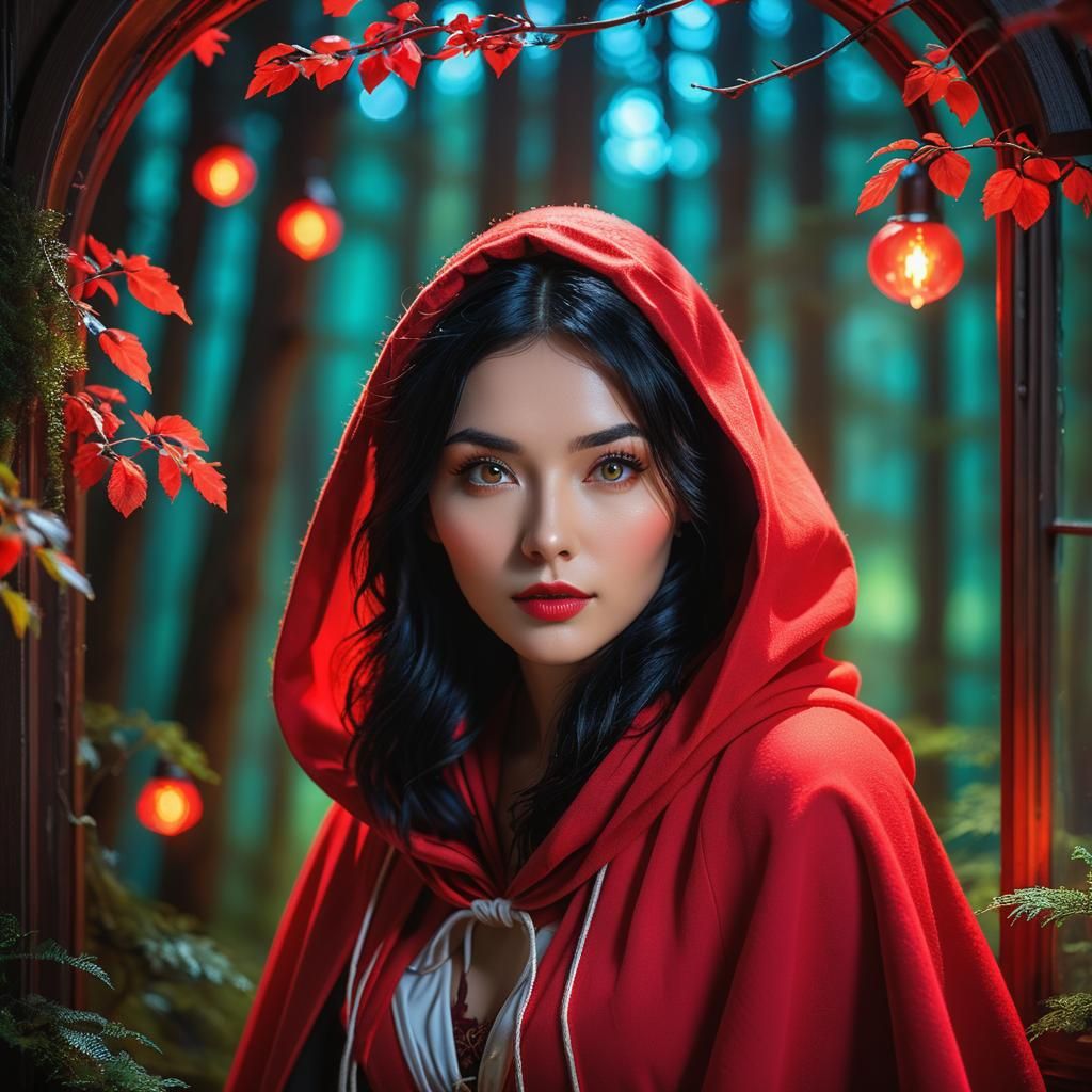 Luminous Red Riding Hood Portrait in Neon Forest