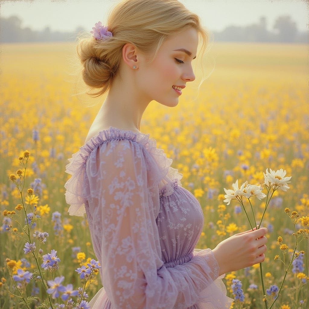Smiling Blonde Woman in Meadow, Art Nouveau Style