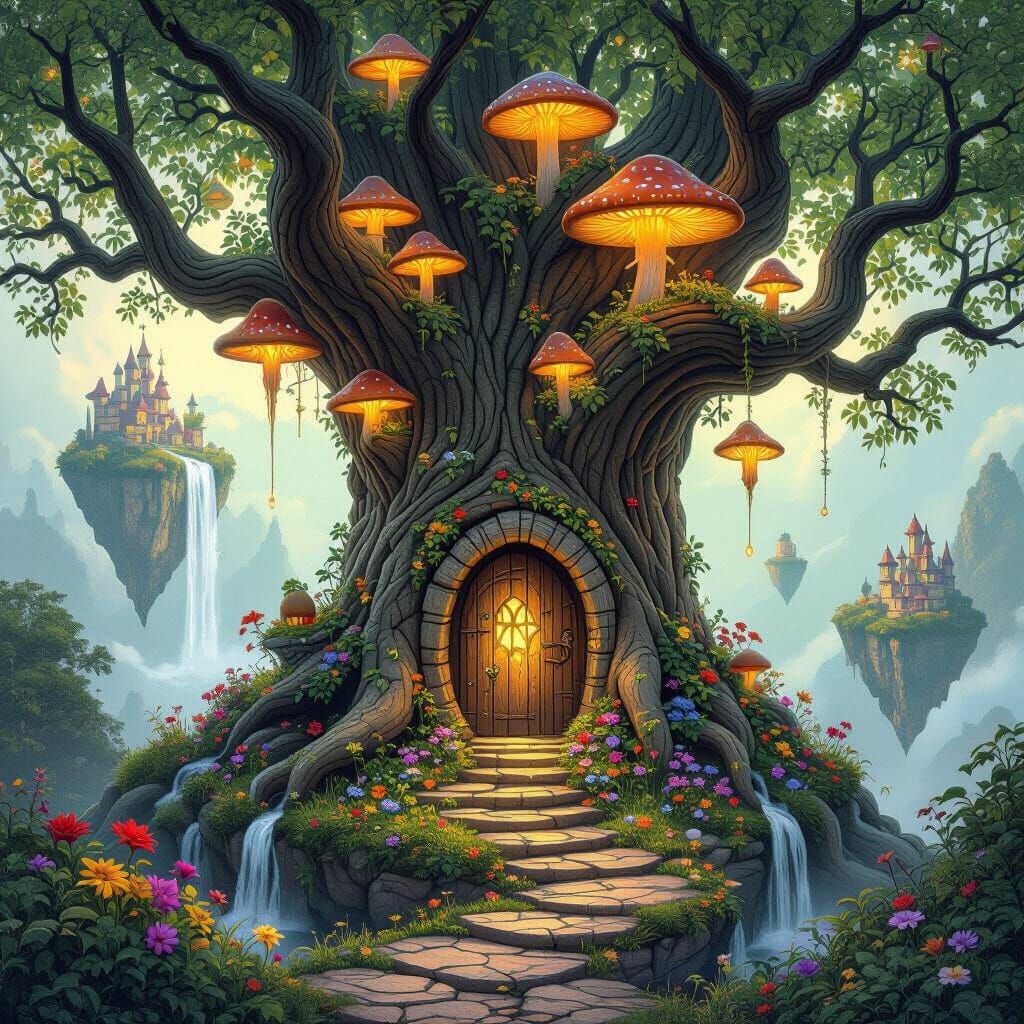 Enchanted Tree with Glowing Mushrooms and Hidden World