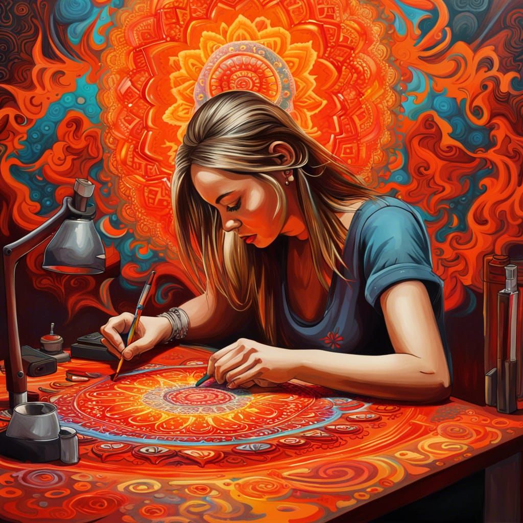 Ornate Orange Mandala Painting in Graffiti Art Style