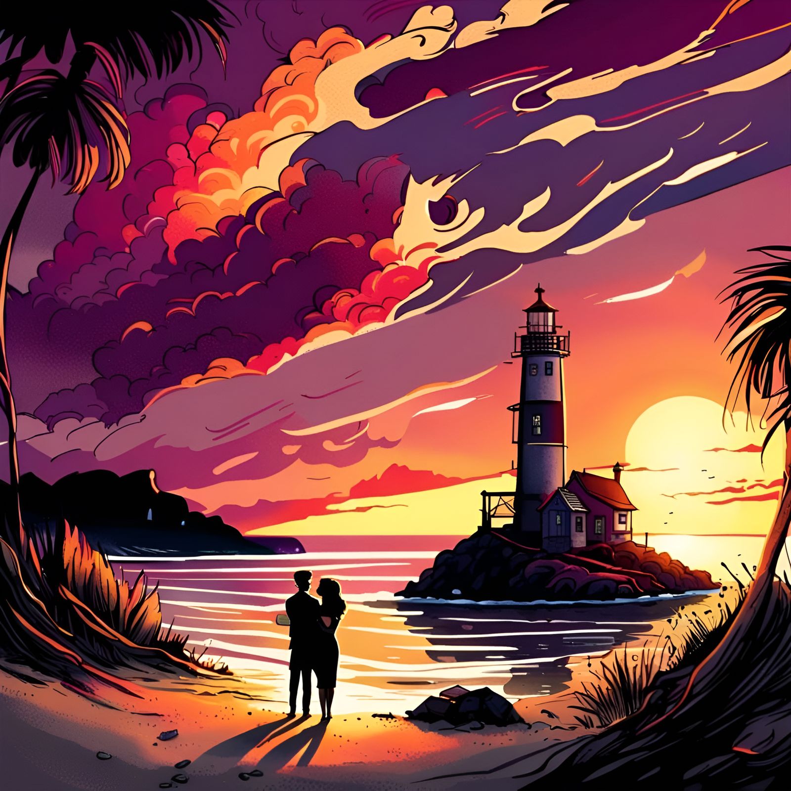Romantic Beach Sunset Scene in Comic Style