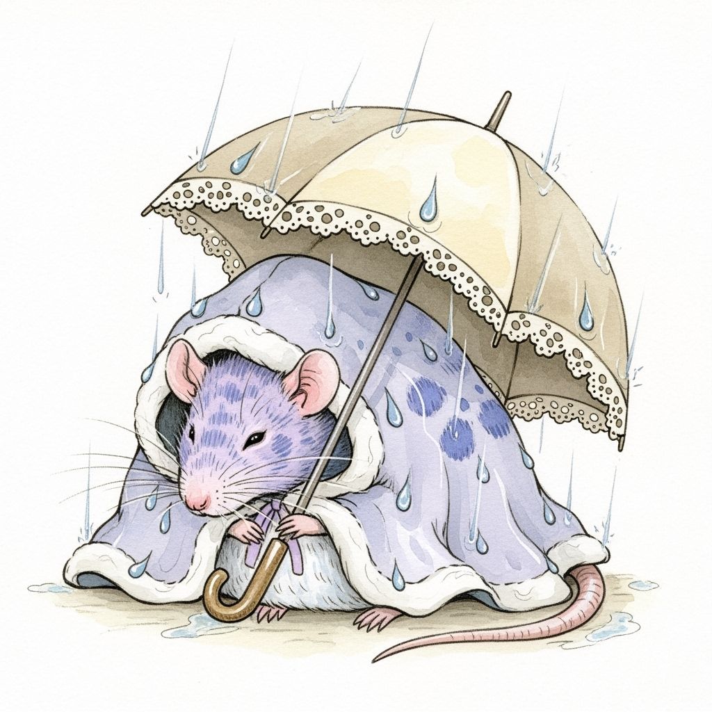 Lavender Rat in Rainy Watercolor Dreamscape