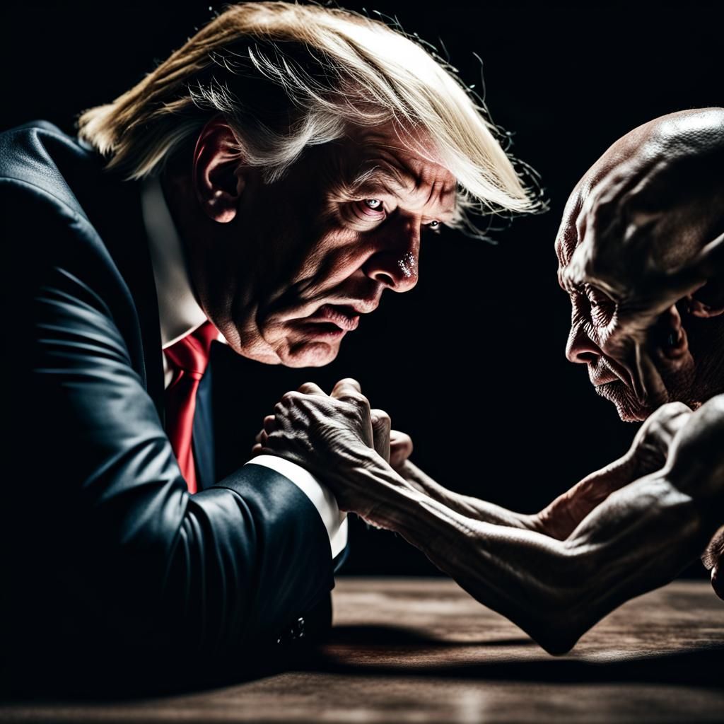 Donald Trump Arm Wrestling Alien: Close-Up Portrait