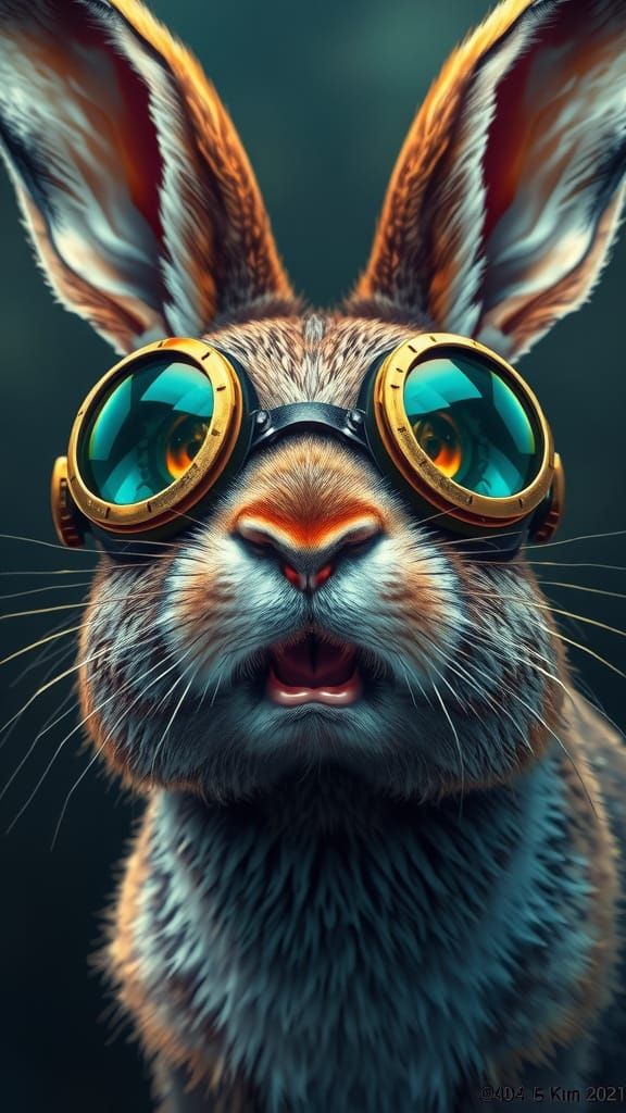 Surreal Rabbit Portrait in Steampunk Goggles with Vibrant Co...