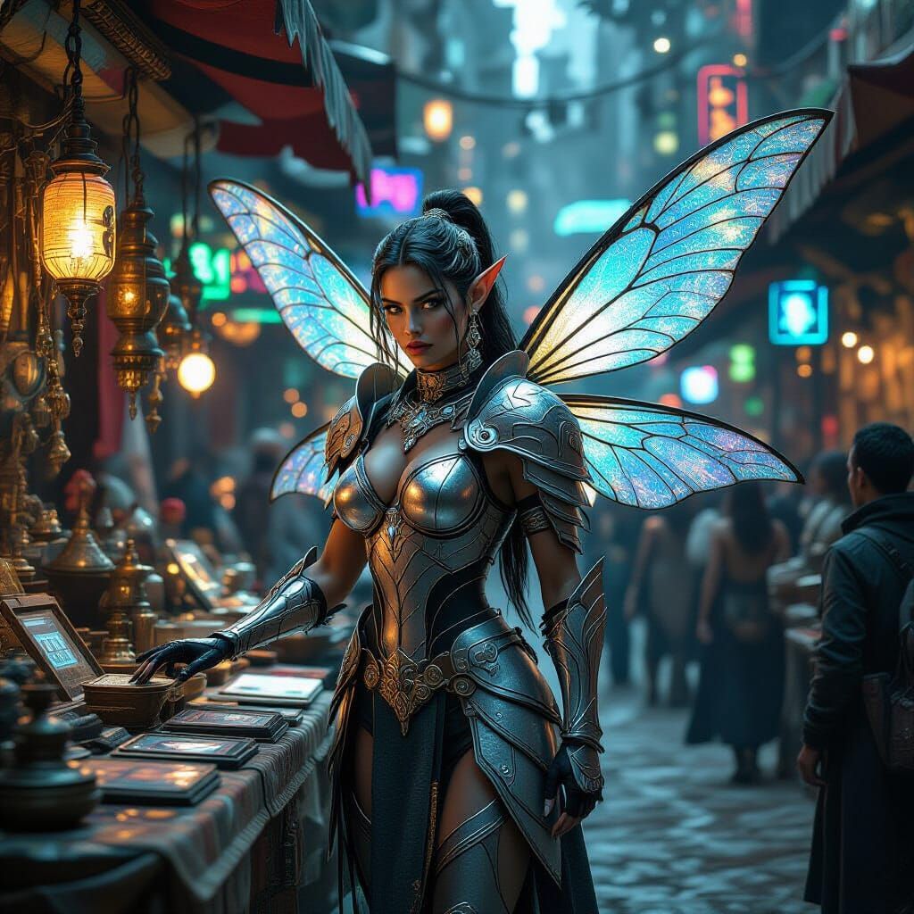 Barbarian Fairy at Alien Market in Photorealistic Style