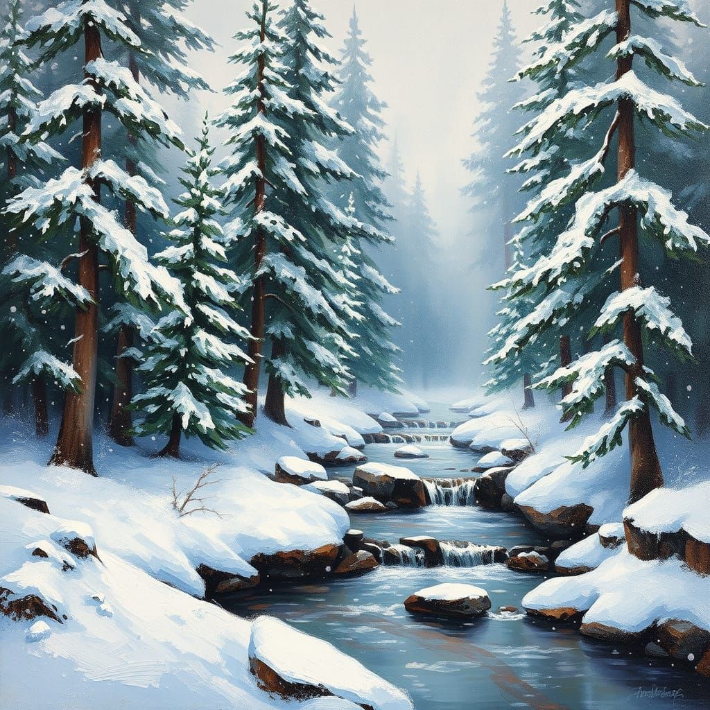Snowy Pine Forest Scene in Neo-Impressionist Style