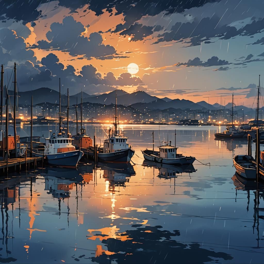 Rainy Twilight Harbor in Anime Style