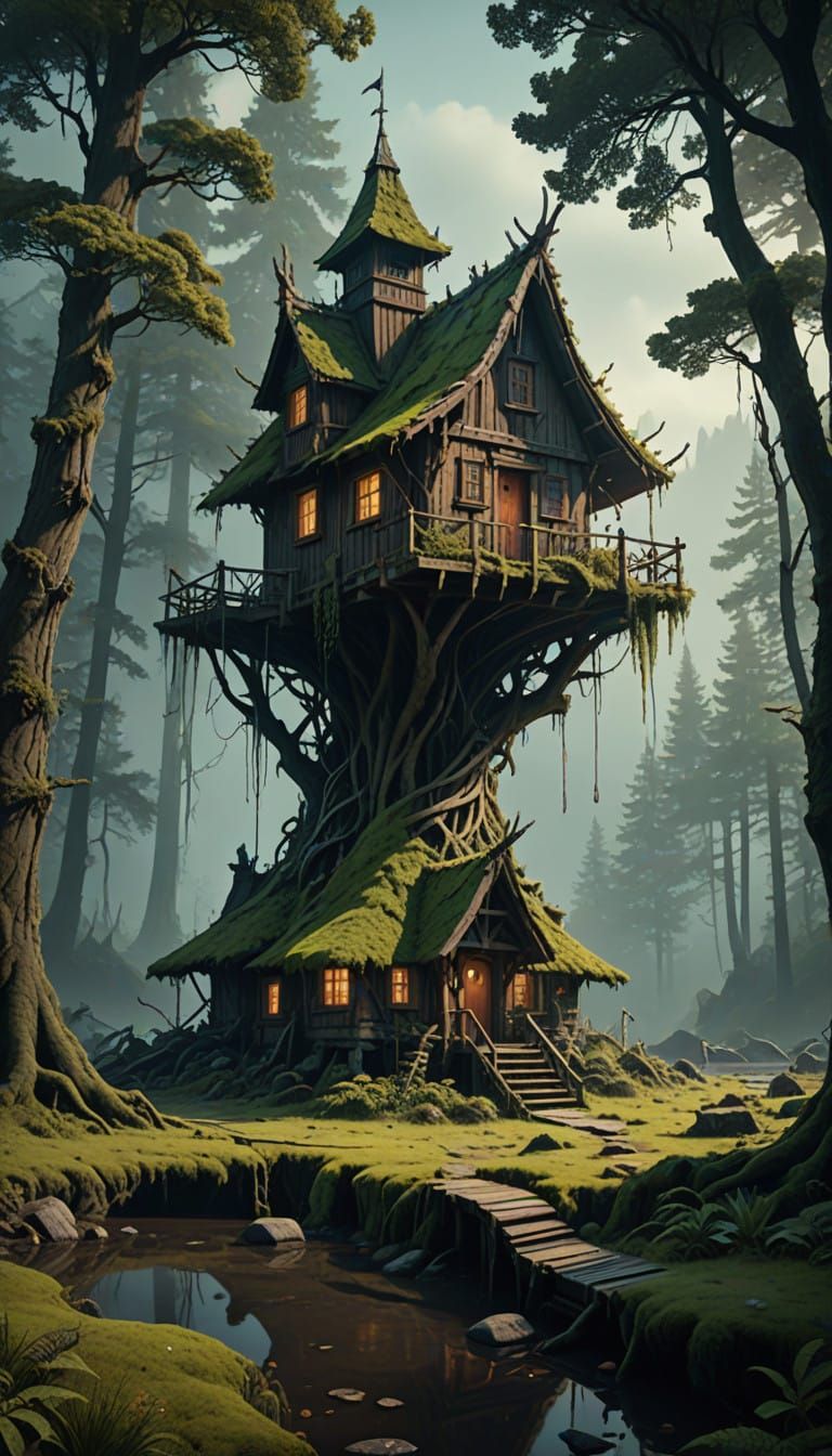Mystical Forest Cottage on Chicken Legs Stilts in a Haunting...
