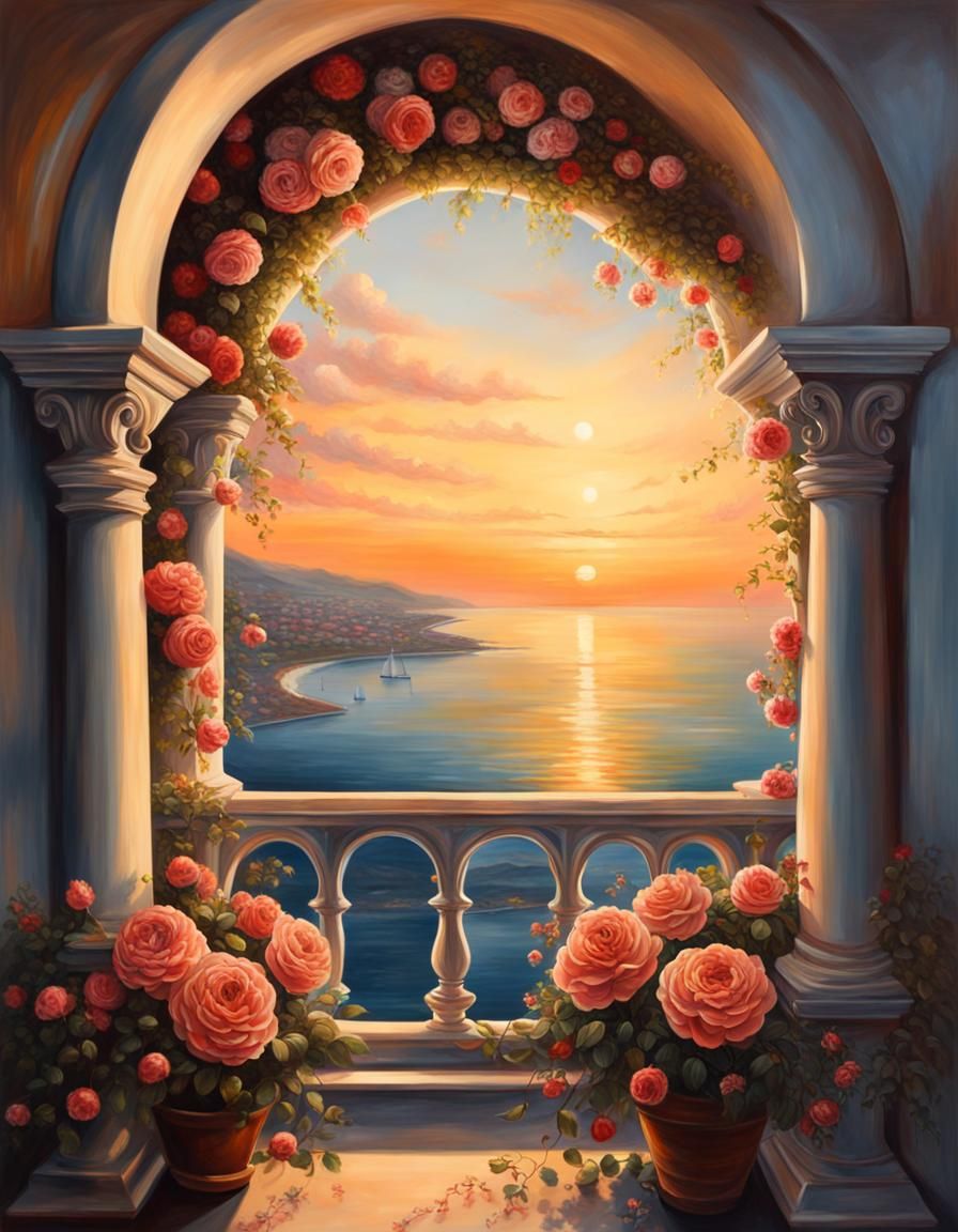 Mediterranean Balcony with Roses at Sunset: Oil Painting