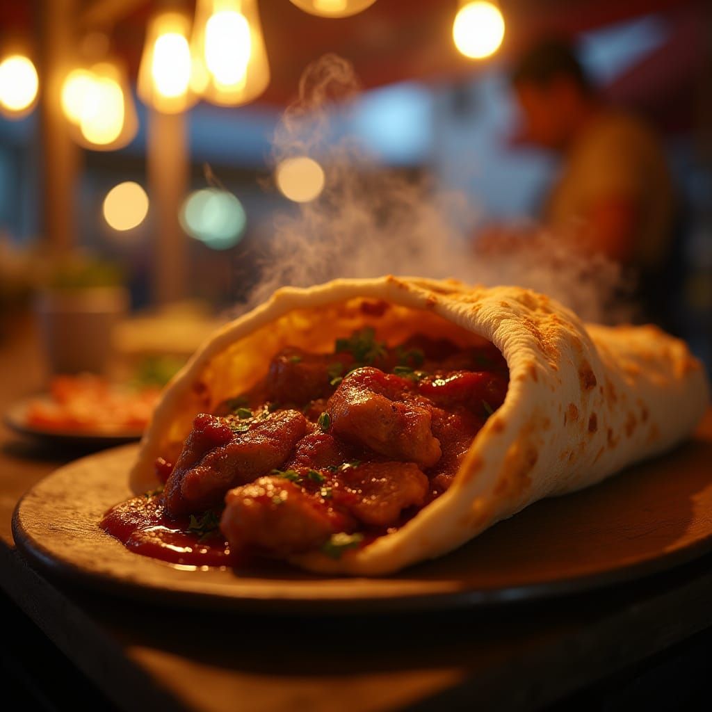 Sizzling Shawarma Wrapped in Warm Pita Bread in a Vibrant St...