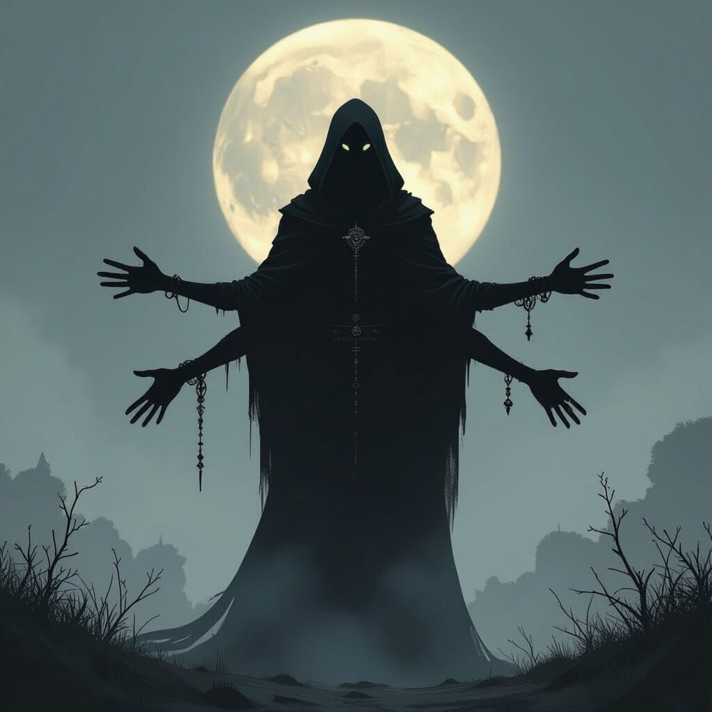 Mysterious Three-Armed Figure in Dark Silhouette