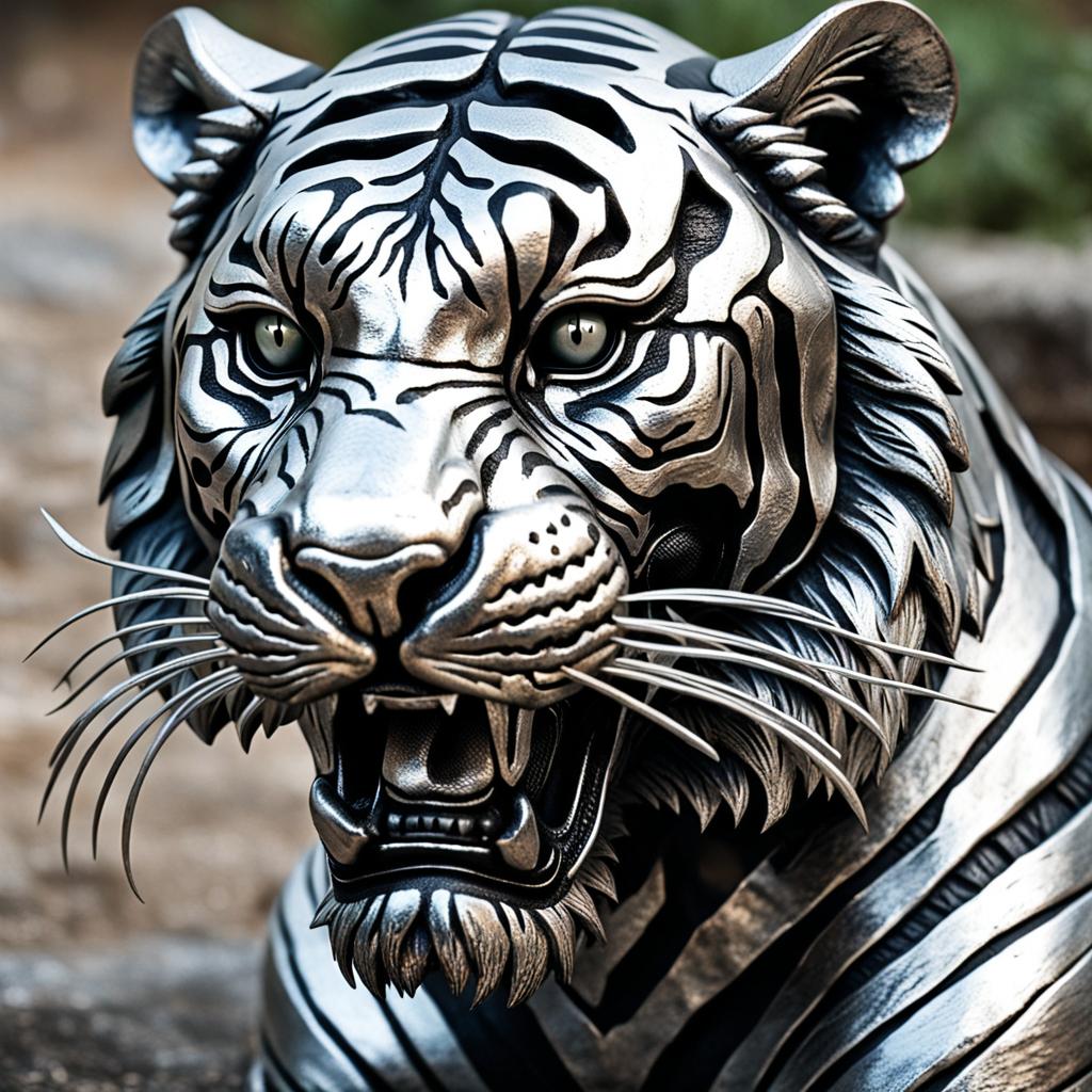 Metallic Tiger Close-up: Gleaming Silver and Iron